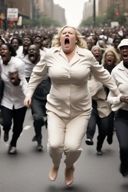 an obese terrified blonde white woman crying and sobbing in a pant suit desperately running away from an angry mob of thousands of black people chase her down a city street