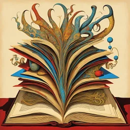 Surreal book art, love of books, ultra weirdcore, in style of Salvador Dali, by Jason Limon, silkscreened mind-bending illustration; expansive, dramatic, rich primary colors, open book motif, quirky, wood carving