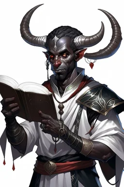 En Young male black skin tiefling fra dnd holding a book with Arcane Magic in a silver and White Rope. His horn a perfectly place on acet from the front to the back pointing upwards