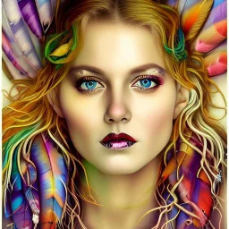 #Leonardai Starling , photorealistic ,pop surreal , lowbrow art ,enchanting portrait of a beautiful mature woman,representing a starling , feathers in her hair ,black and vibrant colors , sweet , magical , cosy warm light , whimsical, alluring , dazzling ,, expressive