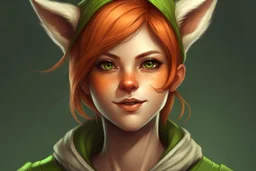 A female with short red hair, dark green eyes, large orange fox ears on top of her head, slight smile, pale skin, realistic