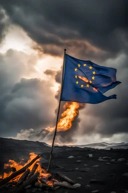 European flag, under stormy skies, a fire burns in the distance;