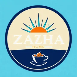 A circular logo with the name (ZAHA) designed for a cafe with the symbol of the sun and the writing of the cafe under the name and the theme of turquoise and indigo colors and a coffee bean and a coffee cup at the bottom of the logo and a blue and black circle around the work