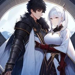 Girl with white hair wearing white robes. Boy with messy black hair wearing leather armor