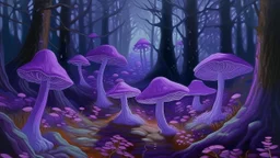 A purple forest with glowing mushrooms painted by Claude Monet