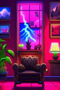 Generate a YouTube studio music thumbnail background.it has tree vase, decorations photo frames, cyberpunk lightning, RockChair with accessories on it and some cool feature of things that can be added to the background.