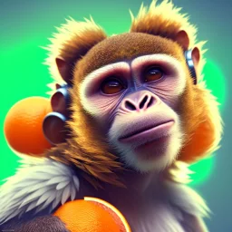 A beautiful portrait of a cute cyberpunk monkey laughing facing camera orange color scheme, high key lighting, volumetric light high details with white stripes and feathers unreal 5, octane render, cinema4d, dynamic lighting, dramatic lighting, 4k, redshift render, highly detailed, hyper realistic