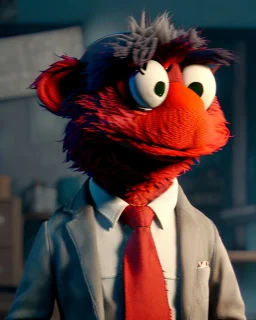 hybrid character, Elmo muppet head, realistic man body, human arms and hands, Shirt and tie, concept art, smooth, unreal engine 5, god lights, ray tracing, RTX, lumen lighting, ultra detail, volumetric lighting, 3d, finely drawn, high definition, 4k.