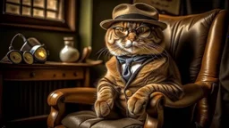 very clever cat with glasses and panama hat and gun in chair