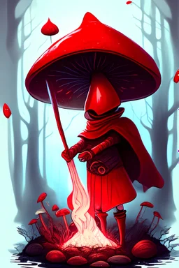 magical red mushroom with a human body , sword and red cape cooking soup in the forest , glow, shiny , fantasy