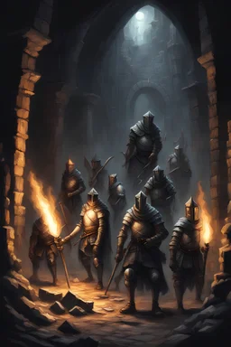 group of knights with torches exploring a dark dungeon filled with traps and old ruins, keith parkinson art style, portrait
