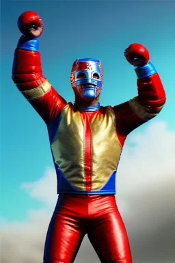 realistic image of joe biden as a mexican wrestling fighter posing, Mexican eyes wrestling mask, red and blue breeches, retro style, 80s, vibrant color, highly detailed, sky background, concept art, unreal engine 5, god rays, ray tracing, RTX, lumen lighting, ultra detail, volumetric lighting, 3d, finely drawn, high definition, high resolution.