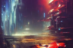 Art by John Berkey and John Harris and Craig Mullins, futuristic cyberpunk city, high rise, smooth, sharp focus, hyper detailed, digital painting, elegant, centered, detailed, neon signs, volumetric lightning, brutalist architecture, 8k, flying hover cars