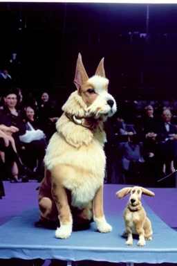 1990 dog show the winner is a "half human rabbit combined animal::40", realistic (film Color Mission 200::10) photo from old disposable camera , grainy photo