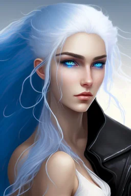 A beautiful young woman with white hair and blue eyes, her arms pinned above her head by a man with very long black hair.