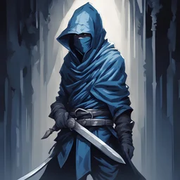 A Thief lurking in the shadows a dagger hanging from their belt in silver and blue, best quality, masterpiece, in anime art style