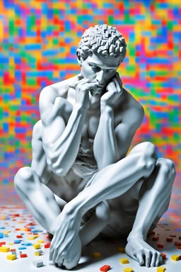 Artistic photo in the audacius style of Jill Greenberg, upclose striking image about "The Thinker statue", the statue as main focus in a white room with his body covered in movie scene shadows playing on the body about news and movie scenes. Exploding into the air are colourful matrix data and virtual numbers, on the floor are broken pieces of statue, questioning the role of deep thought in an increasingly digital and disconnected world, , extravagant, barroque escene