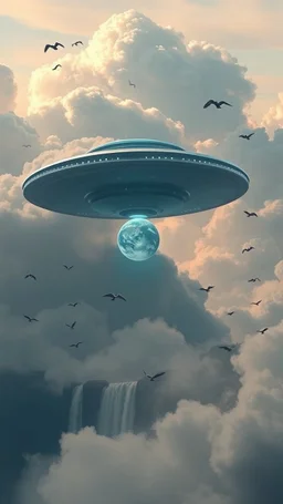 One big ufo spaceship in the cloud in the background big birds disturbed and birds with a lot of clouds and waterfalls