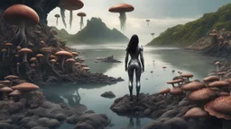 detailed matte painting of a wide-angle shot of a woman standing on the right-hand side of an alien beach, with dark hair in a silver robotic catsuit, many floating mushrooms with jellyfish tentacles, alien jungle trees in the distance, deep colour