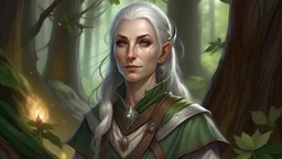 Generate a dungeons and dragons character portrait of a female elf who is a grave domain cleric with silvery hair, tan skin, white eyes and is surrounded by a forest