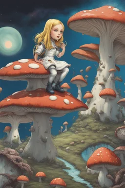 Alice in Wonderland, in a space suit, sitting on a huge mushroom with tentacles hanging down, in an alien landscape