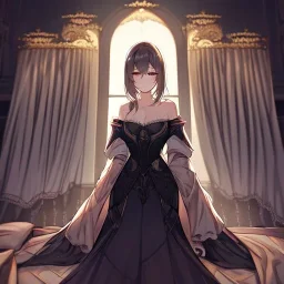 Clear focus, High resolution, [1girl], [solo], {cute art style},{in bedroom},{{{ultra detailed}}},{{masterpiece}}, {{ultra detailed}}, {ultra quality}, {dramatic shadows}, {cinematic lighting}, intricate expression,(wearing a off-shoulder maid outfit)