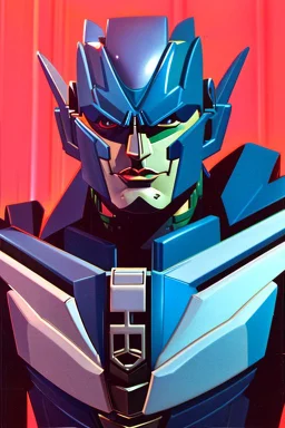 Fotoretrato de un transformer de 1980, debe ser algo decadente. Vibrante en colores, solo su cara es un retrato. Megatron, optimus prime. Animé.