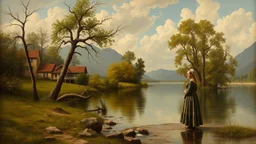 a classic painting an a musiume a lady standing next a river in coutry side