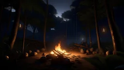 Night jungle very less trees with bonfire in unreal enging