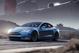 A Tesla 'Model S' is drifting at high speeds, within the trench of the Death Star. (CINEMATIC, WIDE ANGLE LENS, PHOTO REAL)