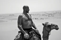 man looking like "Walter White" in breaking bad tv show, bald and goatee, with bare chest riding on a camel in sahara in desert, panorama, black and white photo, staring at a small town in horizon