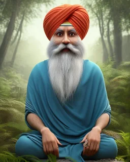 guru nanak dev ji wearing round turban, meditating and singing in the forests