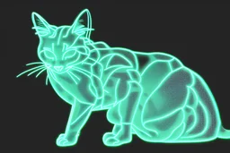 black background, outlines of a full-figure holographic cat, drawn from thin neon-coloured glowing lines