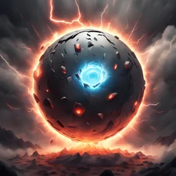 A round orb with magnets self-destructing in a thunderstorm of a eruption, in card art style