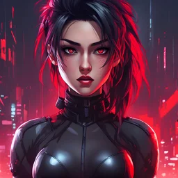 Alluring Defeated cyberpunk spy, dark eyeshadow, Angry And Arrogant, Shocked, black choker, red bodysuit, anime style, video game character