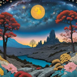 Colourful, peaceful, Max Ernst, Hiroshige, night sky filled with galaxies and stars, rock formations, trees, flowers, one-line drawing, sharp focus, 8k, deep 3d field, intricate, ornate, hypermaximalist