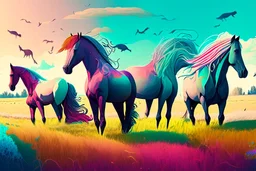 illustration fantasy horses of different colors in a field from afar