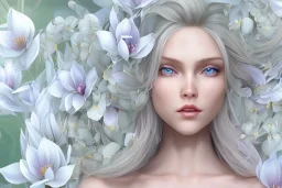 femme long cheveux blond blancs grands yeux bleus , 8k resolution, flower magnolia lotus rose, beautiful portrait, 8k resolution, flower head and body, beautiful star souriante+++