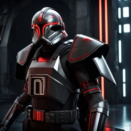 star wars bald male corellian pilot wearing pearlescent black and gunmetal grey First Order special forces heavy assault stealth commando armor and helmet with gold and red trim inside the jedi temple, hyperdetailed, dynamic lighting, hyperdetailed background, 8k resolution, volumetric lighting, light skin, fully symmetric details