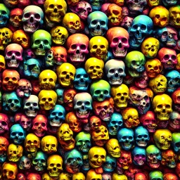 ANATOMICALLY CORRECT digital photograph of wall of multicolored SKULLs OF freshly skinned SMILEY FACEs with fine line, highly detailed, high resolution, 8k 3d, vray, horrorcore, vivid, btight