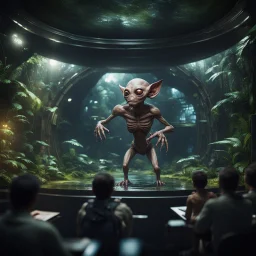 a lecture on a video screen of alien gremlin anatomy held by a scientist in dark lit reflective wet jungle metallic hall dome hotel tunnel, in the style of a fallout 4,bokeh like f/0.8, tilt-shift lens 8k, high detail, smooth render, down-light, unreal engine, prize winning