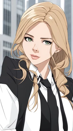 A beautiful young lady attorney with blonde hair, nice eyes, matte peach lips, in white shirt, black coat, black necktie, attorney gown