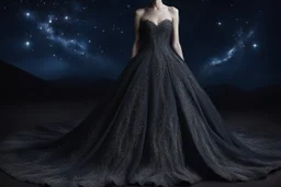 свадебное платье, Тёмная ткань, цвета ночного неба, была расшита призрачными серебряными нитями, мерцавшими, как звёзды