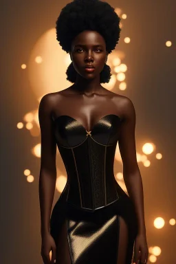 A portrait of a beautiful youthful black woman, wearing a corset, long silky black hair, wizard, magical, ethereal, soft bright lighting. Concept art by wlop. Ultra quality 8k. Fantasy setting.