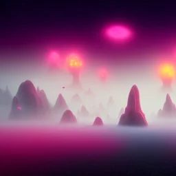 ALIENS FLOATING in the fog, FOGGY NIGHT, mountains, GLOWING, PURPLE, orange, pink, stars, TOWERS, 4K, 8K, CINEMATIC