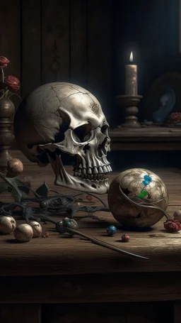Bosch nightmares paining style Title:an Alien top long egg Skull on an old wooden cracked table , dark color flowers 8k artistic photography, photorealistic concept art, soft natural volumetric cinematic perfect light, chiaroscuro, award-winning photograph, masterpiece, oil on canvas, Raphael, Caravaggio, Greg Rutkowski, people, beksinski, Giger