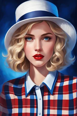 Girl with blonde, wavy short hair wearing a plaid collared shirt featuring vertical stripes, red lips, blue eyes, looking at viewer against a blue background, fiery bell in hand, solo, full body, wearing a classic hat, captured in a portrait-style digital painting, dramatic lighting, ultra realistic.