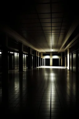 empty dim backroom of a mall, wood floor, low light