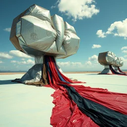 Fotografia di una superficie piatta di colore azzurro chiaro e giallo pastello, su cui si ergono alcuni gigantesche immense enormi cose di forma Yves Tanguy, fatte di materiali vari, ricoperte da materiale plastico argentato, rosso, blu, e nero, che scende a terra. Max Ernst, Amano, Yves Tanguy, Piet Mondrian, James Ensor, paranoic, obsessive, minimalista, aria aperta, sole, nuvole, glossy, surreal, hasselblad h6d400c --ar 85:128 --v 6.