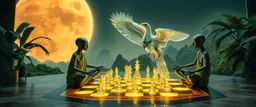 alien levitating yoga monk chess masters playing serious glowing chess on hex map in lounge on beautiful lush planet with huge transparent bird glass pieces